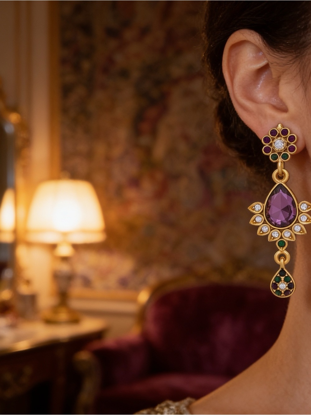 Vintage Gold Amethyst Teardrop Floral Chandelier Statement Earrings Purple